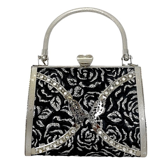 Vintage Handbags - Y2K Ornate Silver Butterfly & Glitter Rose Fabric Clasp Top Mini Hard Bag